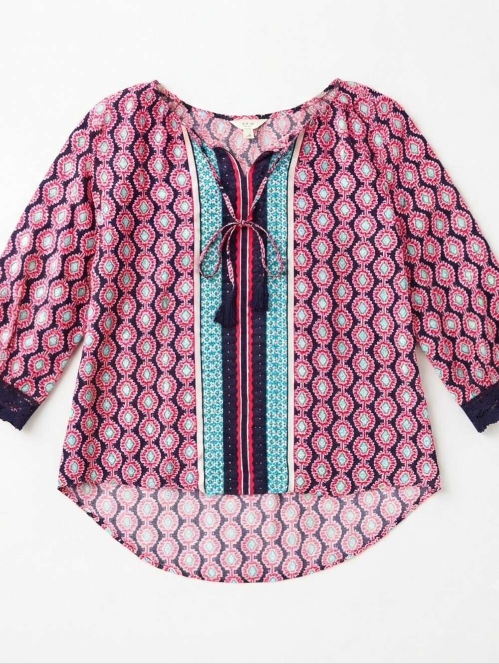 Crown & Ivy Curvy Women's 1X Boho Geometric Print Sleeveless Top Navy Teal Red